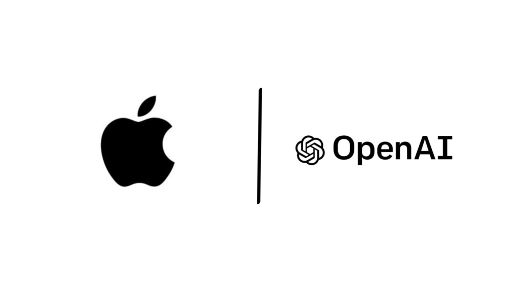 Apple und OpenAI Logos nebeneinander, symbolisieren Partnerschaft und Investition in KI-Technologie